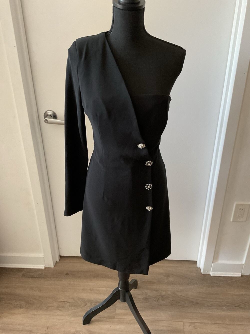 Cristinaeffe Asymmetric One Shoulder Tuxedo Mini Dress Black Rhinestone Size 44